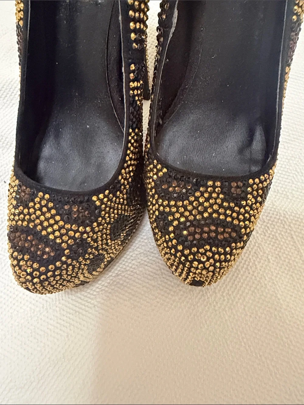 Steve Madden Gold and Black Leopard Crystal Platform Pumps